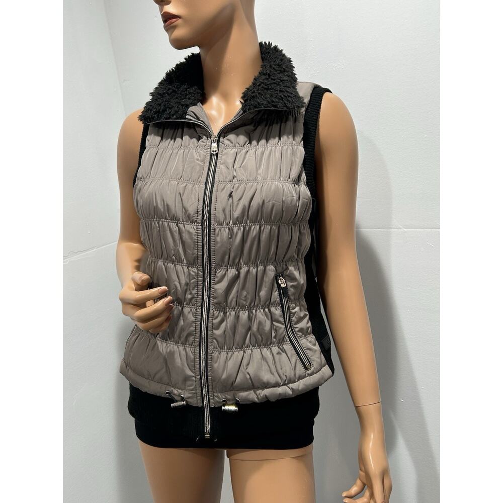 Calvin Klein Ruched Vest Women Large Gold Black Performance Mixed Media Full Zip